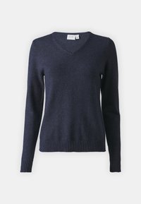 Marinblå V-ringad tröja med långa ärmar. Mjuk, texturerad tyg och ribbad nederkant ger en bekväm passform. Enkelt, klassiskt mönster utan utsmyckningar.