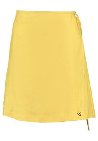 Wickelrock in leuchtendem Gelb, aus leichtem Stoff gefertigt. Verfügt über einen Bindegürtel in der Taille und ein kleines gesticktes Herzdetail am Saum.