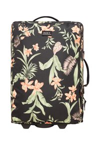 Zwarte koffer met tropische bloemenprint in roze en groen. Beschikt over twee handvatten, ritssluiting en wielen voor gemakkelijke vervoering.