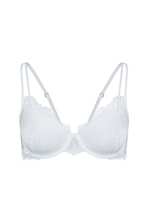 White lace underwire bra with adjustable double straps and floral detailing on cups and band.