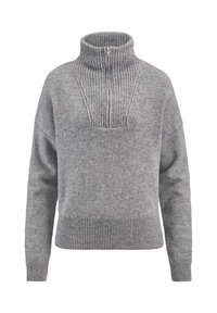 Grauer Strickpullover mit langen Ärmeln, gerippten Bündchen und Saum, hohem gerippten Kragen mit Zwei-Wege-Reißverschluss und einer strukturierten Strickpasse.