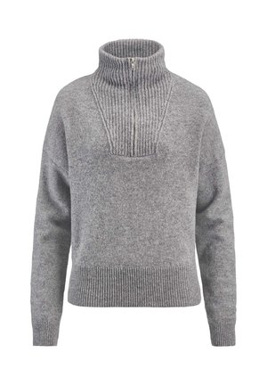 Grauer Strickpullover mit langen Ärmeln, gerippten Bündchen und Saum, hohem gerippten Kragen mit Zwei-Wege-Reißverschluss und einer strukturierten Strickpasse.
