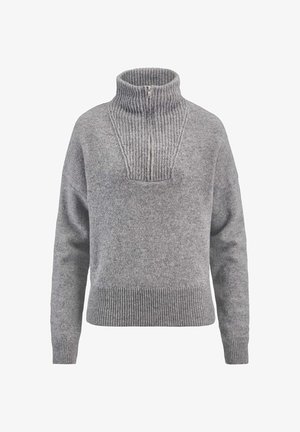 Grauer Strickpullover mit langen Ärmeln, gerippten Bündchen und Saum, hohem gerippten Kragen mit Zwei-Wege-Reißverschluss und einer strukturierten Strickpasse.