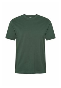 Temno zelena majica s kratkimi rokavi in okroglim izrezom, brez vzorca, položena na ravno površino na belem ozadju.