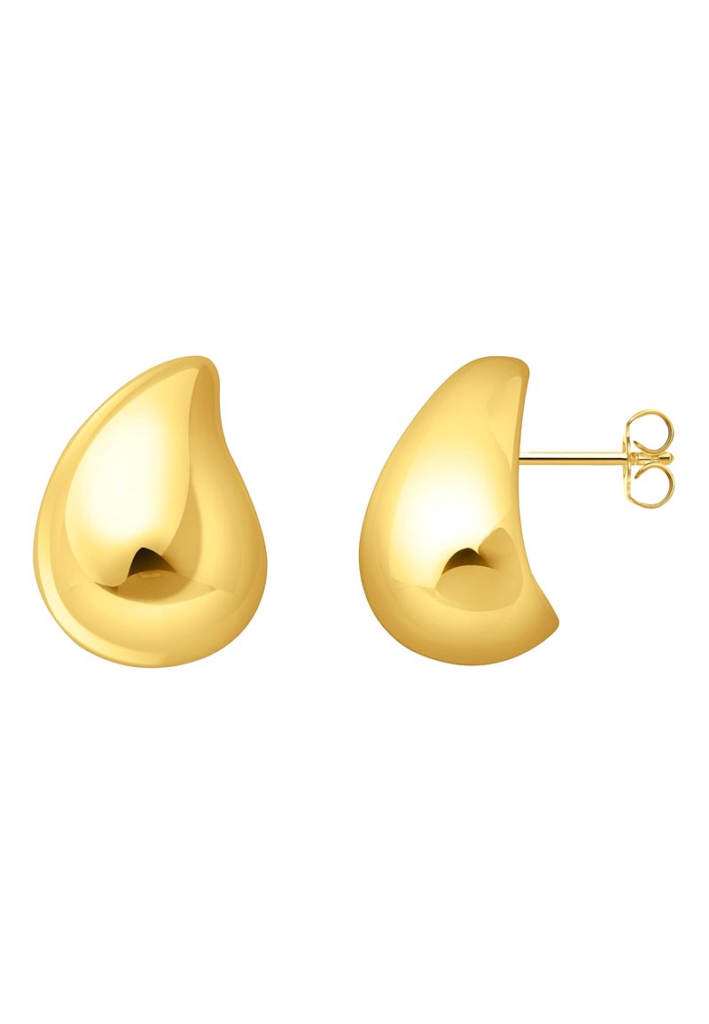Paar polierte Goldstecker-Ohrstecker mit glatten, abstrakten Tropfenformen und Steckverschluss auf weißem Hintergrund.