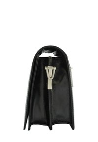 Czarna skórzana torba o strukturalnym kształcie i błyszczące wykończenie. Posiada srebrne okucia i charakterystyczny projekt górnego uchwytu.