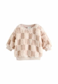 Polarowy sweter w jasnoróżowym kolorze z wzorem w szachownicę. Miękka tekstura, okrągły dekolt oraz ściągacze na mankietach i dolnym brzegu.