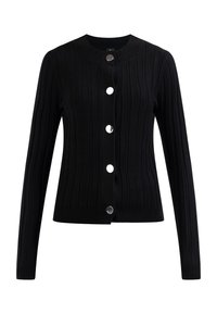 Svart ribbad cardigan i stickat material, med rund halsringning, långa ärmar och silverknappar framtill.