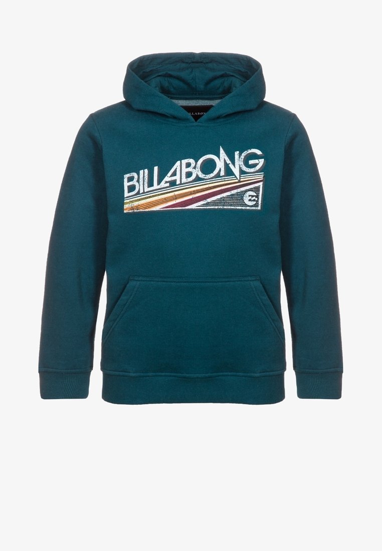 Sweatshirt à capuche bleu sarcelle avec une poche à l'avant, présentant un graphisme "BILLABONG" multicolore. Tissu doux avec des poignets et un ourlet côtelés.