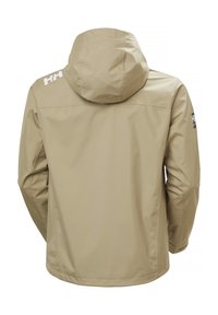 Beige wasserdichte Jacke mit Kapuze, langen Ärmeln und weißem "HH"-Logo auf Schulter und Oberarm, Rückansicht.