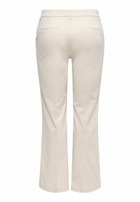Pantalon beige à jambe droite avec passants pour ceinture et deux poches passepoilées à l'arrière, présenté de dos sur un fond blanc uni.