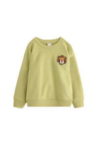 Felpa verde chiaro con polsini e orlo a coste, caratterizzata da un ricamo di un leone marrone nell'area sinistra del petto. Tessuto morbido, design casual.