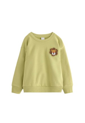 Felpa verde chiaro con polsini e orlo a coste, caratterizzata da un ricamo di un leone marrone nell'area sinistra del petto. Tessuto morbido, design casual.