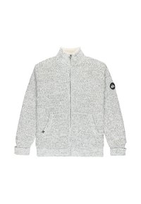 Fleecegefütterte zip-up Jacke in Hellgrau mit einem strukturierten Strickmuster, hohem Kragen, zwei Fronttaschen und einem runden Logo-Patch am Ärmel.