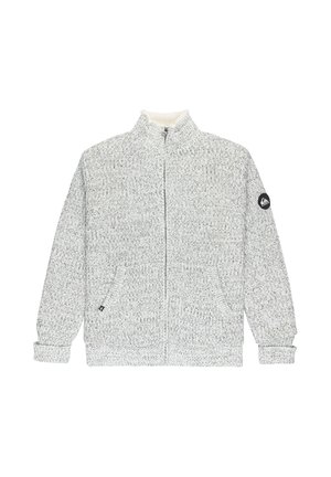 Fleece-lined zip-up jacket in light gray with a textured knit pattern, high collar, two front pockets, and a circular logo patch on the sleeve.