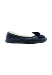 Gray fabric slipper with a soft, plush interior, rounded toe, and a navy bow accent on the front. Flexible sole pattern for grip.