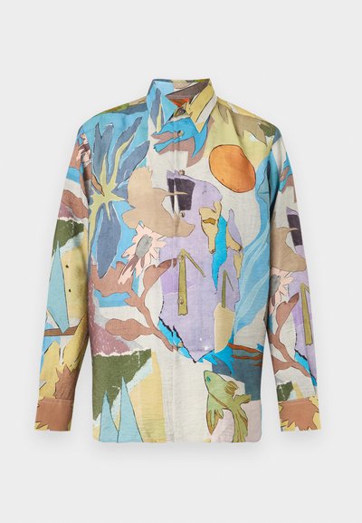 Πουκάμισο μακρυμάνικο με κουμπιά και αφηρημένο σχέδιο εμπνευσμένο από τη φύση σε παστέλ αποχρώσεις του μπλε, πράσινου, μοβ, πορτοκαλί και μπεζ.