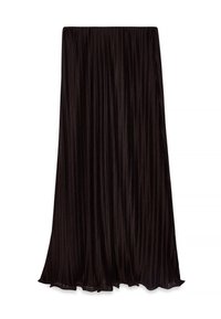 Mustapleated maxi-hame, jossa on pehmeästi virtaava kangas. Ominaisuuksiin kuuluu sileä pinta ja helma, joka hieman levenee. Ei näkyvää metalliosaa.