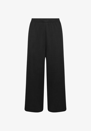 Pantaloni neri a gamba larga realizzati in tessuto morbido, con vita elastica e texture liscia, dal taglio casual e senza motivi visibili.