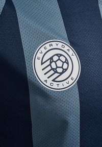 Mörkblå och ljusblå randig sporttröja i andningsbart tyg; har en cirkulär logotyp med "Everyday Active" och ett fotbollsmotiv.