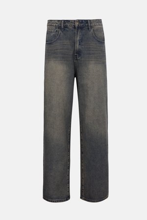 Weit geschnittene, ausgewaschene schwarze Jeans aus Denim mit vorderer Knopf- und Reißverschluss, Gürtelschlaufen und Fünf-Taschen-Design.