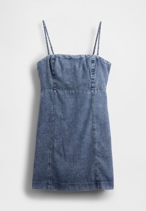 Farkkumekko ohuilla olkaimilla, istuvalla yläosalla ja levenevällä helmalla. Väri on tummansininen ja siinä on tikattu yksityiskohtia saumoissa.