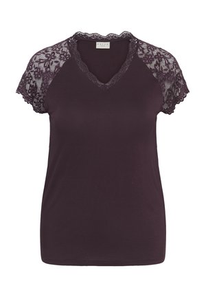 Dunkellila kurzärmeliges Oberteil mit floralen Spitzenärmeln und Spitzenbesatz entlang des V-Ausschnitts, glatter Stoffkörper, in Übergröße geschnitten.