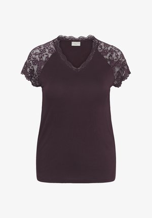 Dunkellila kurzärmeliges Oberteil mit floralen Spitzenärmeln und Spitzenbesatz entlang des V-Ausschnitts, glatter Stoffkörper, in Übergröße geschnitten.