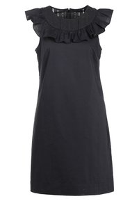 Černé šaty bez rukávů s volánkovým límečkem a texturovanou látkou. Rovný střih s hladkým povrchem a bočními rozparky pro pohodlí.