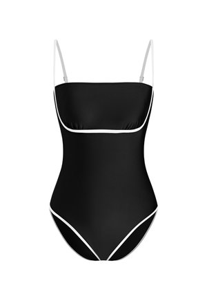 Costume intero nero con sottili spalline bianche e rifiniture bianche che delineano il seno e gli orli delle gambe.