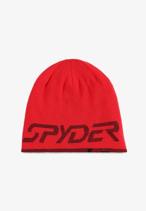 Bonnet rouge tricoté avec le texte stylisé "SPYDER" en noir le long du bord inférieur sur un fond blanc.