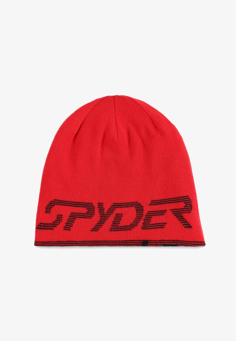 Bonnet rouge tricoté avec le texte stylisé "SPYDER" en noir le long du bord inférieur sur un fond blanc.