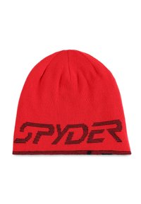 Cappello in maglia rossa dalla forma aderente, con il logo nero "SPYDER" in evidenza sul davanti. Texture liscia con un fascia nera a contrasto.