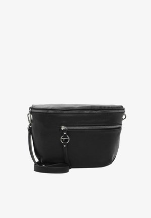 Black leather crossbody bag with top zip closure, exterior zip pocket, and adjustable strap; smooth texture with silver-tone hardware.
