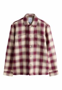 Geruit overhemd met een bordeauxrood en crèmekleurig patroon, gemaakt van gestructureerde stof. Voorzien van een kraag, knoopsluiting aan de voorkant en twee borstzakken.
