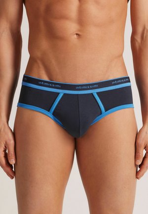 Herrenunterwäsche aus dunkelblauem Stoff, mit hellblauen Akzenten und Kontrastnähten. Elastischer Bund mit Markenlogo.