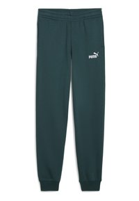 Dark green sweatpants made of soft fabric. Features an elastic waistband and cuffs, with a white Puma logo on the left thigh.