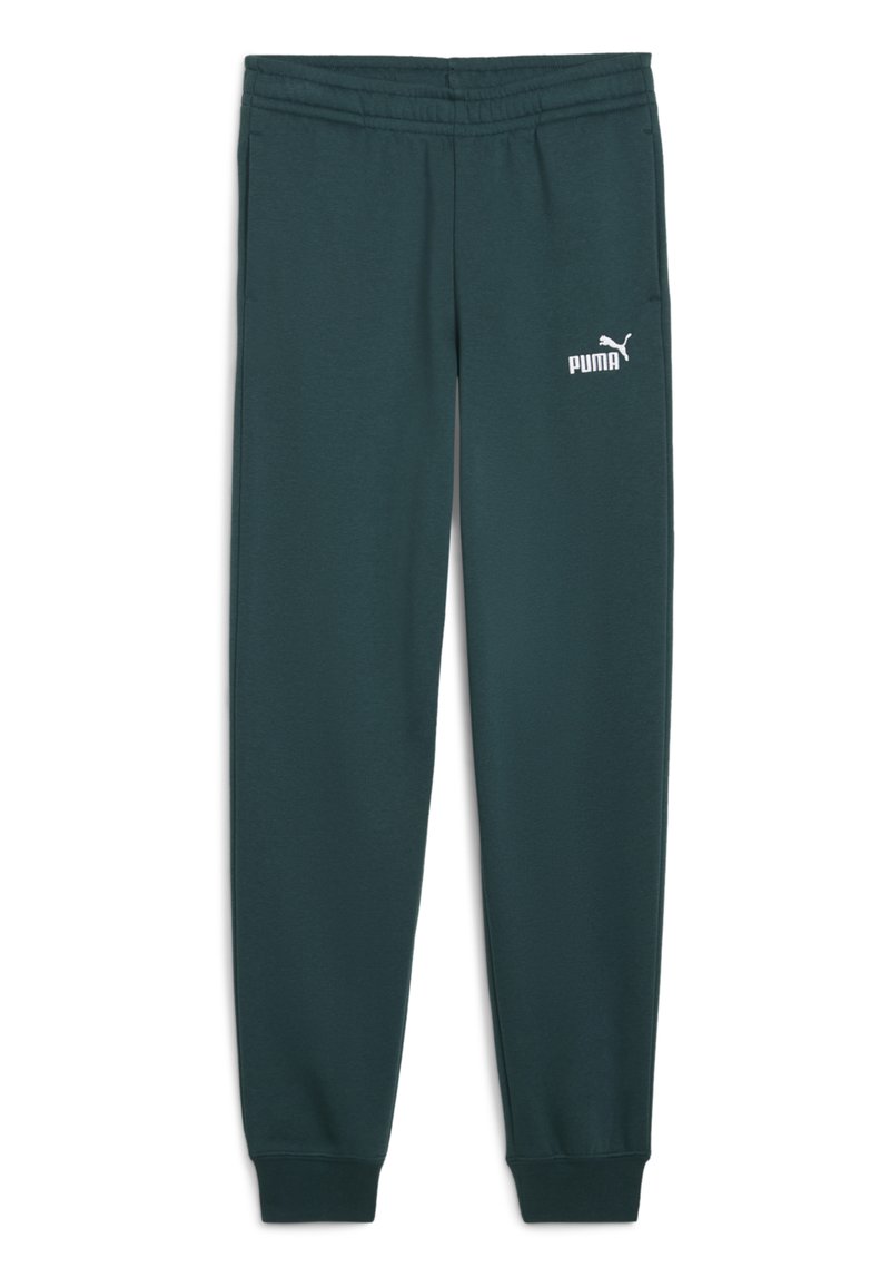 Dark green sweatpants made of soft fabric. Features an elastic waistband and cuffs, with a white Puma logo on the left thigh.