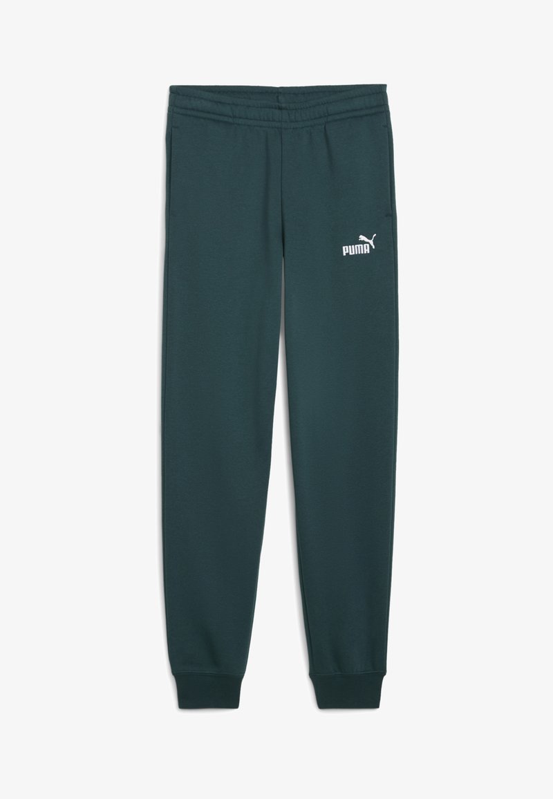 Pantalones de chándal verde oscuro hechos de una tela suave. Presentan una cinturilla y puños elásticos, con un logo blanco de Puma en el muslo izquierdo.