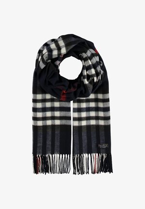 Écharpe à carreaux noire, blanche et rouge avec des franges aux extrémités, pliée en boucle, avec une petite étiquette de marque en tissu.