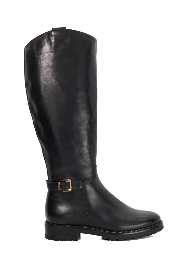 Black leather knee-high boot with a smooth texture, gold buckle accent, and rugged sole. Designed for durability and style.