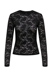 Μαύρο στενό μακρυμάνικο τοπ με επίστρωση από λουλουδάτη δαντέλα και στρογγυλό ντεκολτέ, ημιδιαφανές σχέδιο που αποκαλύπτει το υποκείμενο ύφασμα.