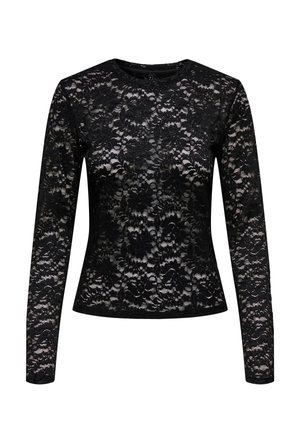 Črn oprijet top z dolgimi rokavi, prekrito z rožnato čipko in zaobljenim izrezom, polprosojen dizajn, ki prikazuje spodnjo tkanino.