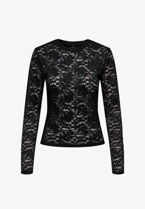 Črn oprijet top z dolgimi rokavi, prekrito z rožnato čipko in zaobljenim izrezom, polprosojen dizajn, ki prikazuje spodnjo tkanino.