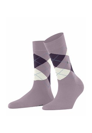 Calzini viola con motivo a rombi argyle nei colori viola scuro, bianco e azzurro chiaro. Tessuto morbido e design a lunghezza standard fino al polpaccio.