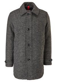 Abrigo de lana gris con diseño espiga, cuello con solapas, botones delanteros y puños abotonados. Diseño entallado con corte recto y acabado texturizado.