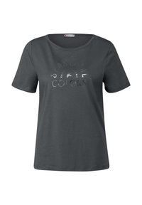 Graues kurzärmeliges T-Shirt aus weichem Baumwollstoff. Es hat einen runden Ausschnitt und metallische Schriftzüge mit der Aufschrift "SEASONAL COLORS".