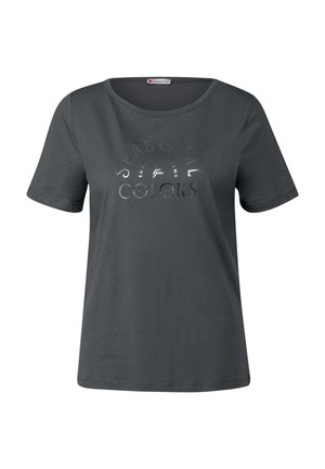 T-shirt grigio a maniche corte realizzato in morbido cotone. Presenta un collo rotondo e una scritta metallica che recita “COLORI STAGIONALI.”