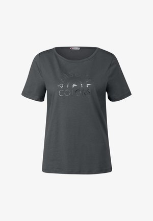 T-shirt grigio a maniche corte realizzato in morbido cotone. Presenta un collo rotondo e una scritta metallica che recita “COLORI STAGIONALI.”