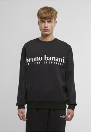 Black sweatshirt featuring bold white text, "bruno banani NOT FOR EVERYBODY," ribbed cuffs, and waistband, made from soft material.
